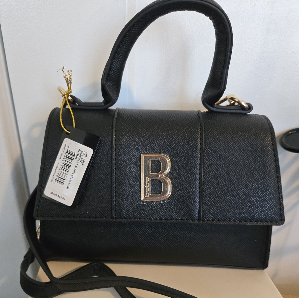 Bebe Amabella satchel in black with gold B logo New. Retail Is Is $99